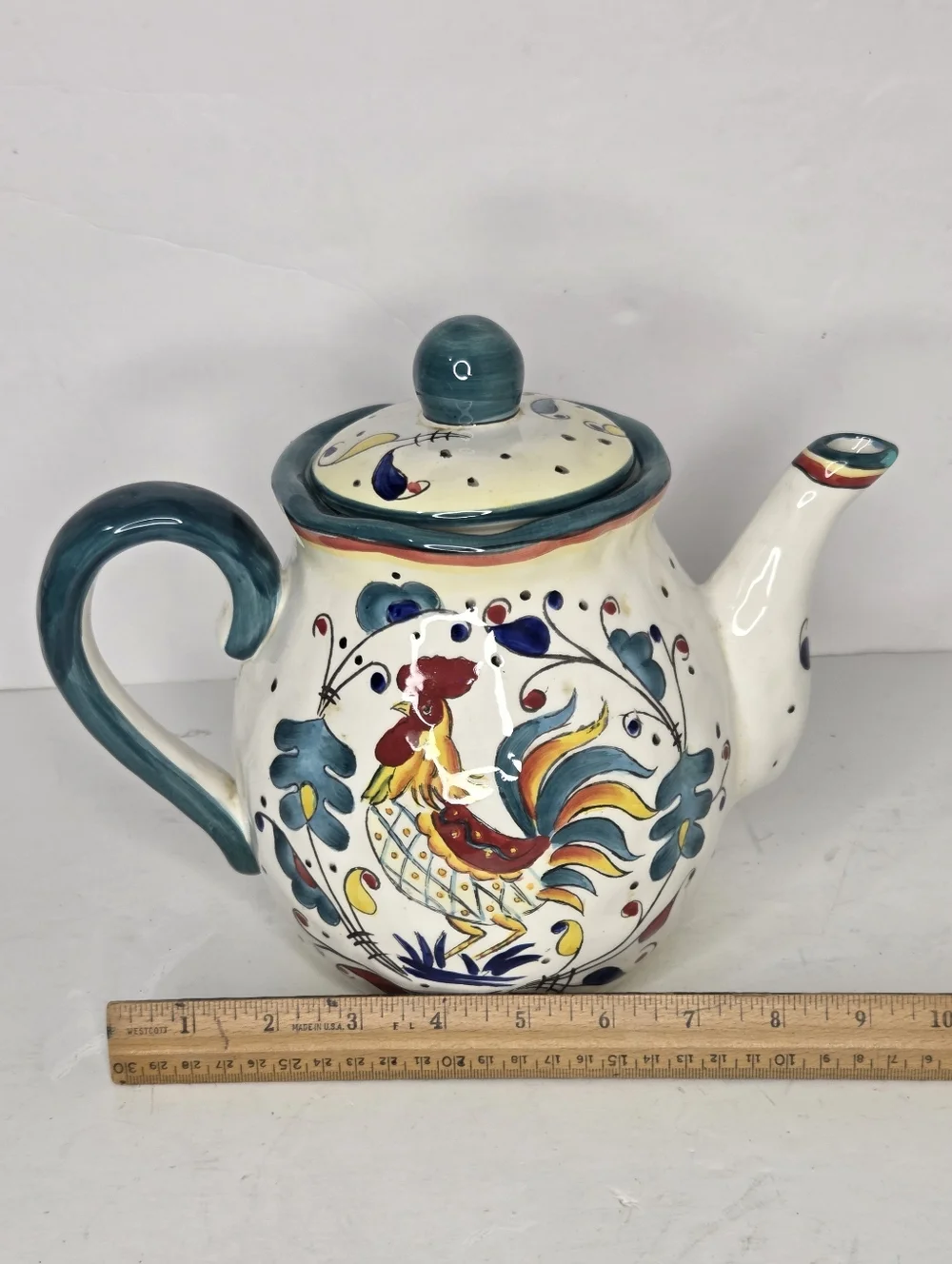 Italian Deruta Teal Pottery Teapot Hand Painted Rooster‎ Ceramic Country